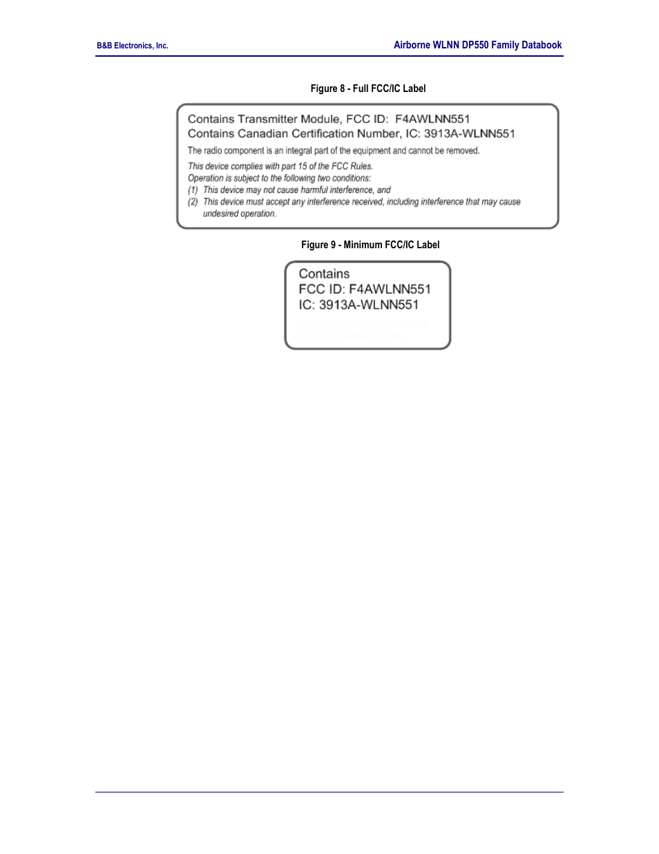 Regulatory test mode support, Figure 8 - full fcc/ic label, Figure 9 - minimum fcc/ic label | 6 regulatory test mode support | B&B Electronics WLNN-EK-DP551 - Product Specification User Manual | Page 36 / 37