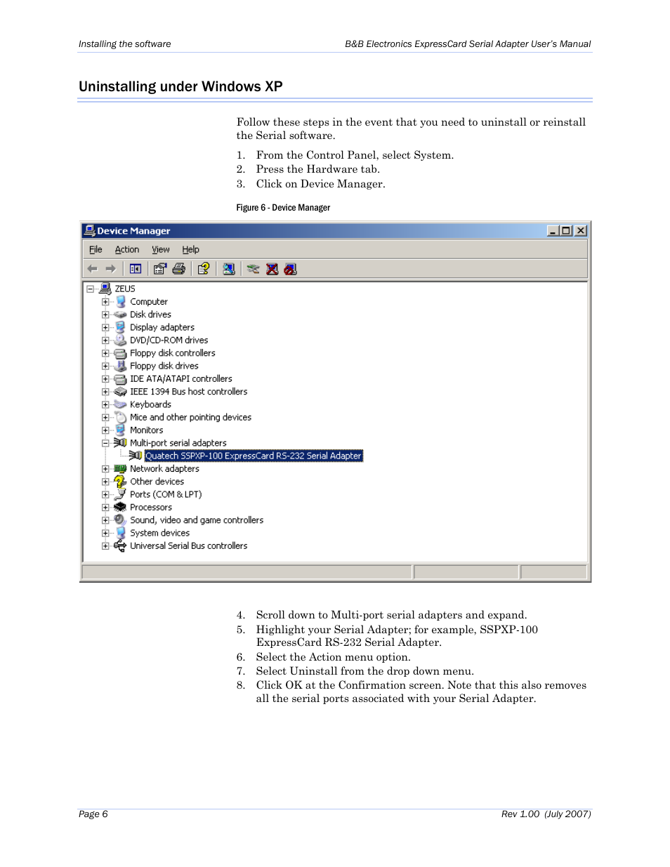 Uninstalling under windows xp, Figure 6 - device manager | B&B Electronics QSPXP-100 - Manual User Manual | Page 10 / 36