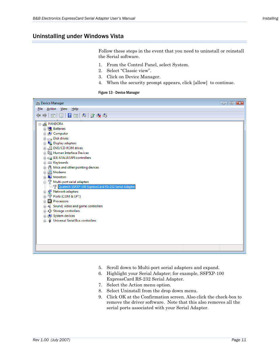 Uninstalling under windows vista, Figure 13 - device manager | B&B Electronics QSPXP-100 - Manual User Manual | Page 15 / 36