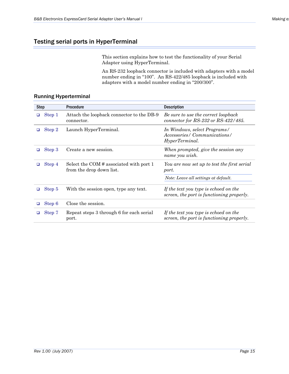 Testing serial ports in hyperterminal, Running hyperterminal | B&B Electronics QSPXP-100 - Manual User Manual | Page 19 / 36