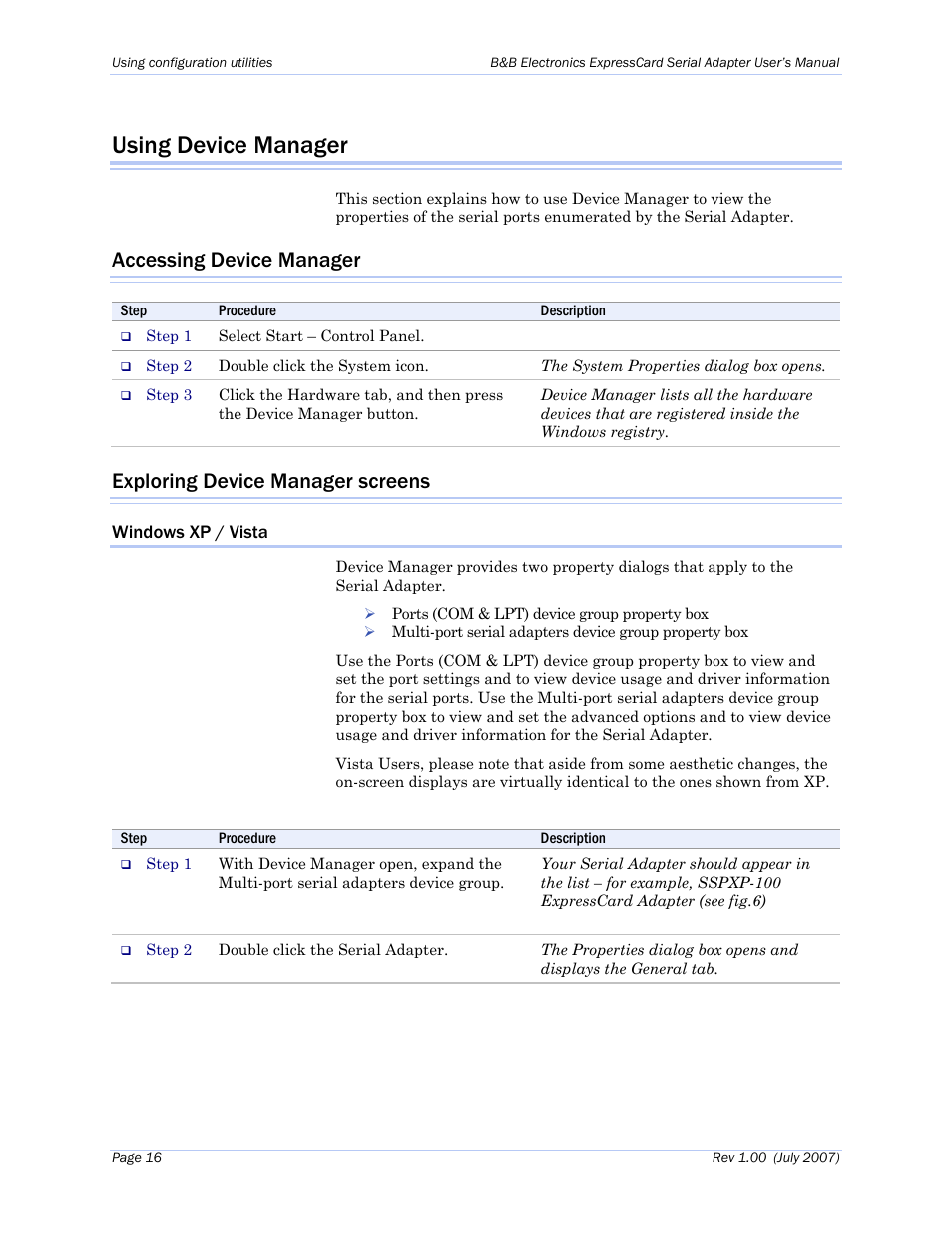 Using device manager, Accessing device manager, Exploring device manager screens | Windows xp / vista | B&B Electronics QSPXP-100 - Manual User Manual | Page 20 / 36