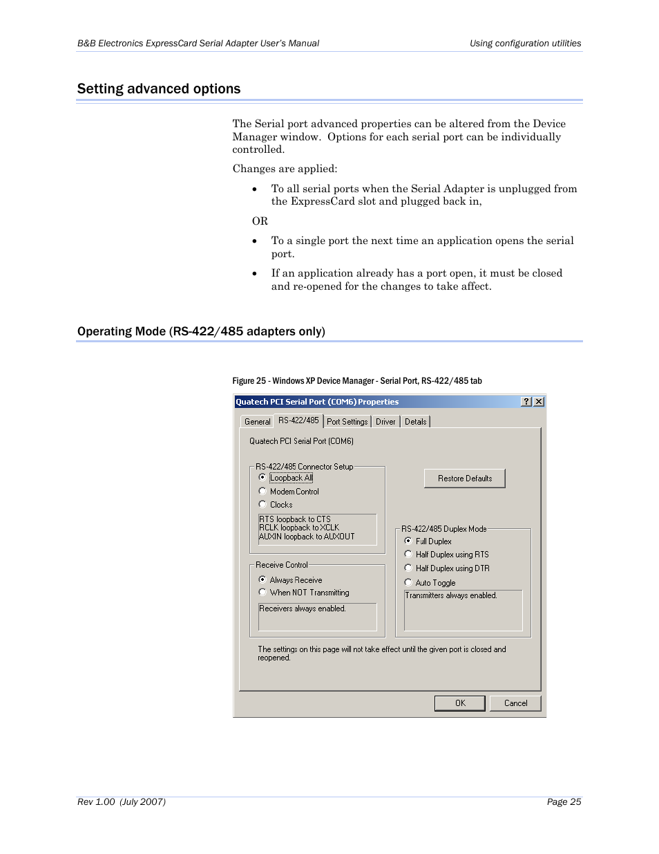 Setting advanced options, Operating mode (rs-422/485 adapters only) | B&B Electronics QSPXP-100 - Manual User Manual | Page 29 / 36