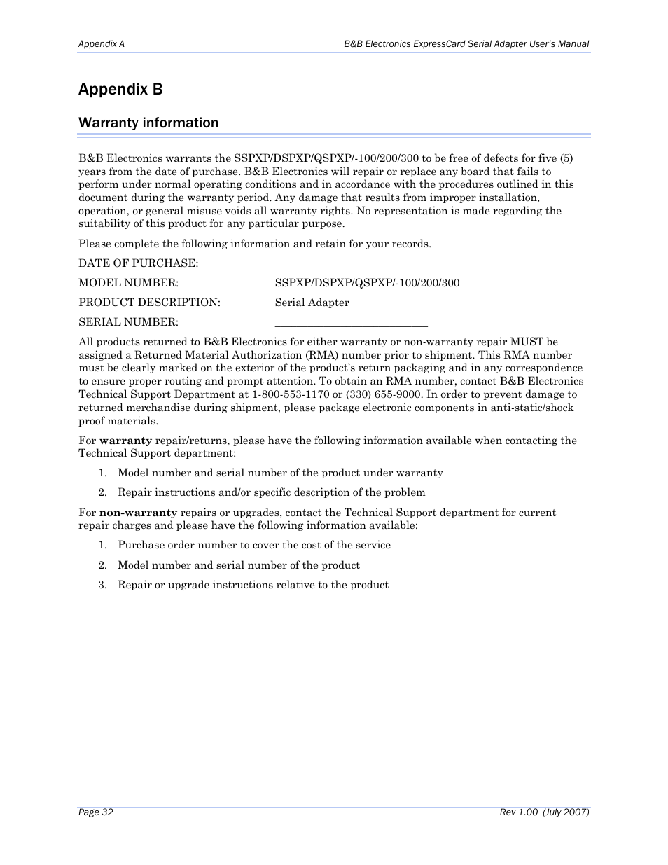 Warranty information, Appendix b | B&B Electronics QSPXP-100 - Manual User Manual | Page 36 / 36