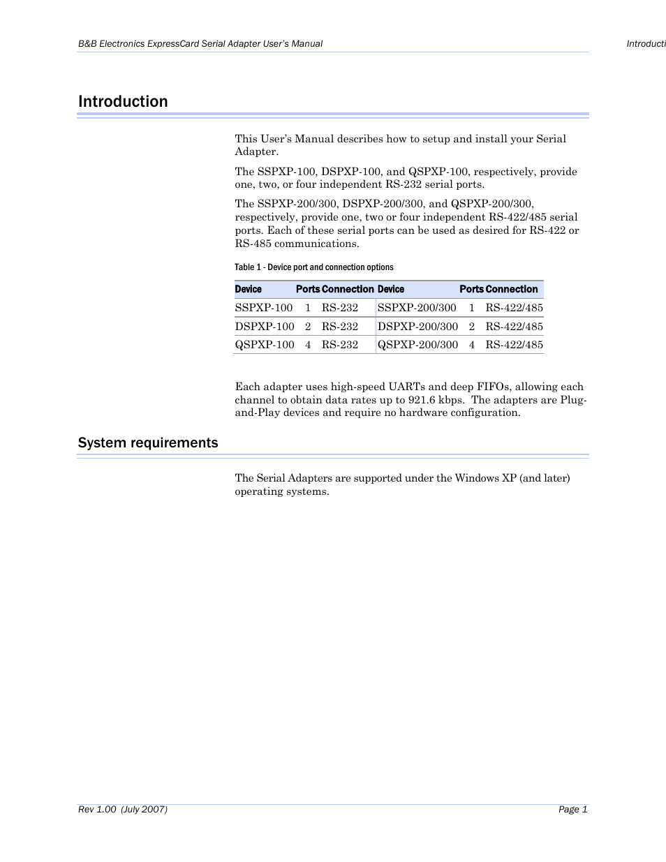 Introduction, System requirements, Table 1 - device port and connection options | B&B Electronics QSPXP-100 - Manual User Manual | Page 5 / 36