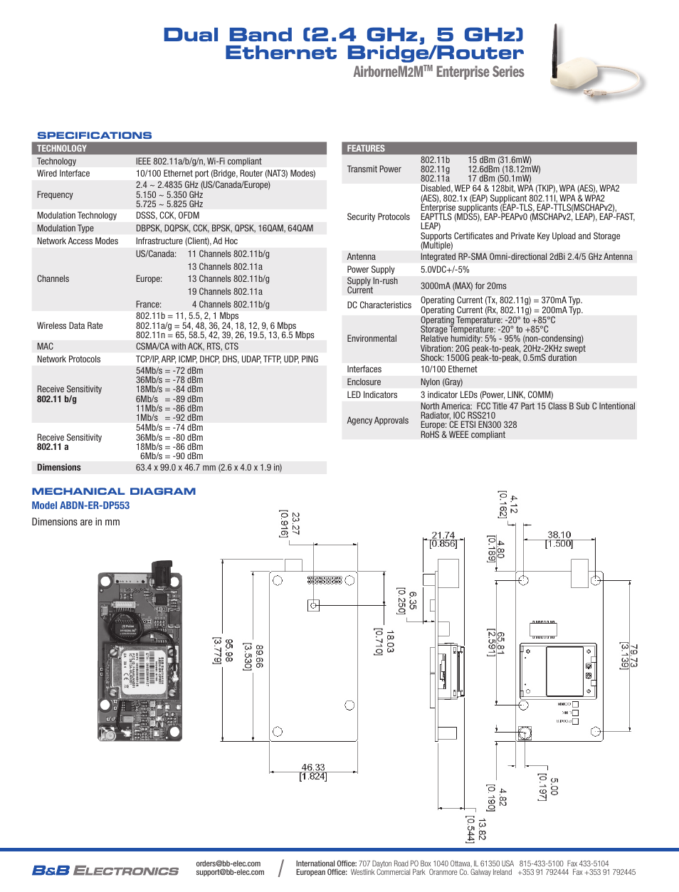 Dual band (2.4 ghz, 5 ghz) ethernet bridge/router, Airbornem, Enterprise series | B&B Electronics ABDN-ER-DP553 - Datasheet User Manual | Page 2 / 2