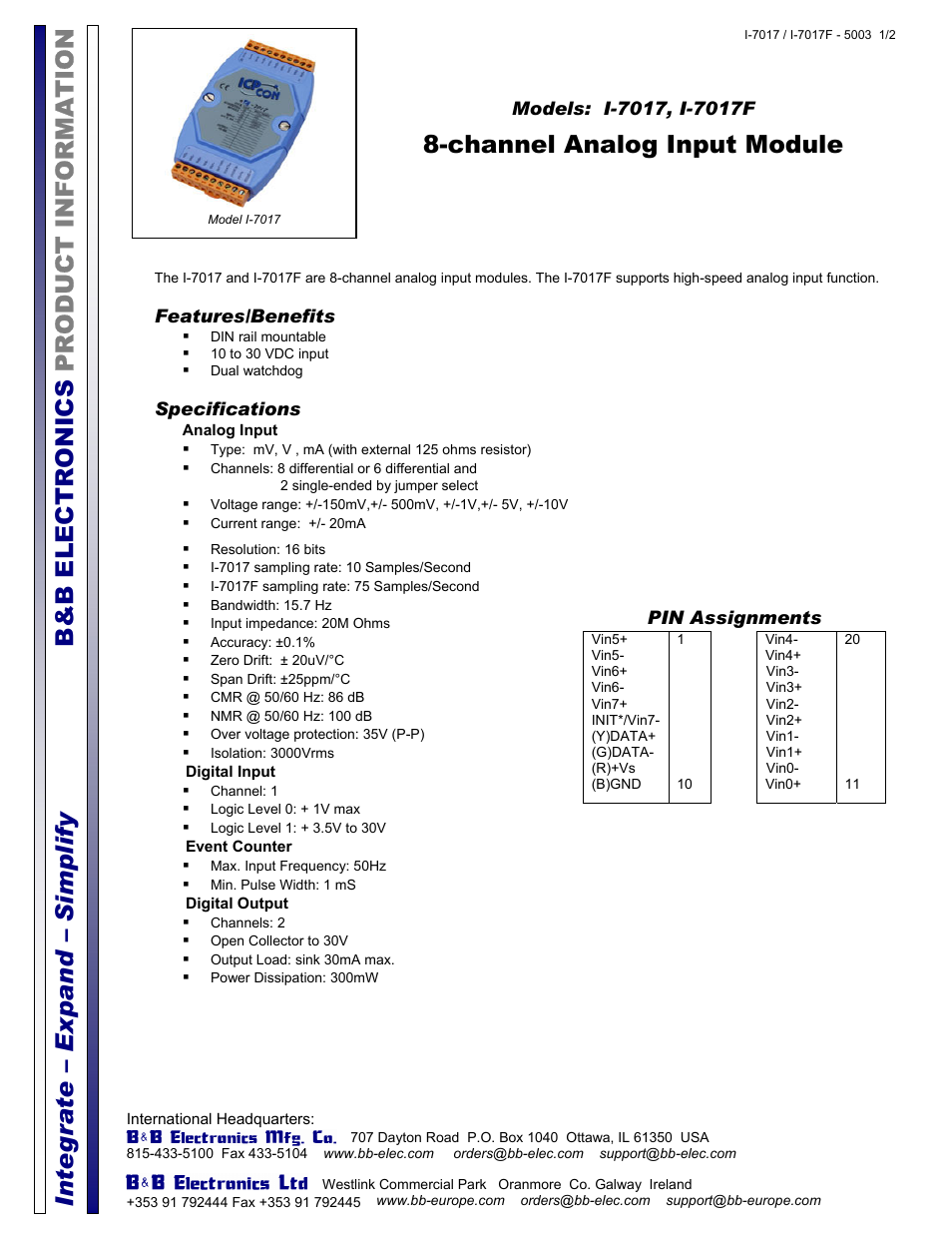 B&B Electronics I-7017 - Datasheet User Manual | 2 pages