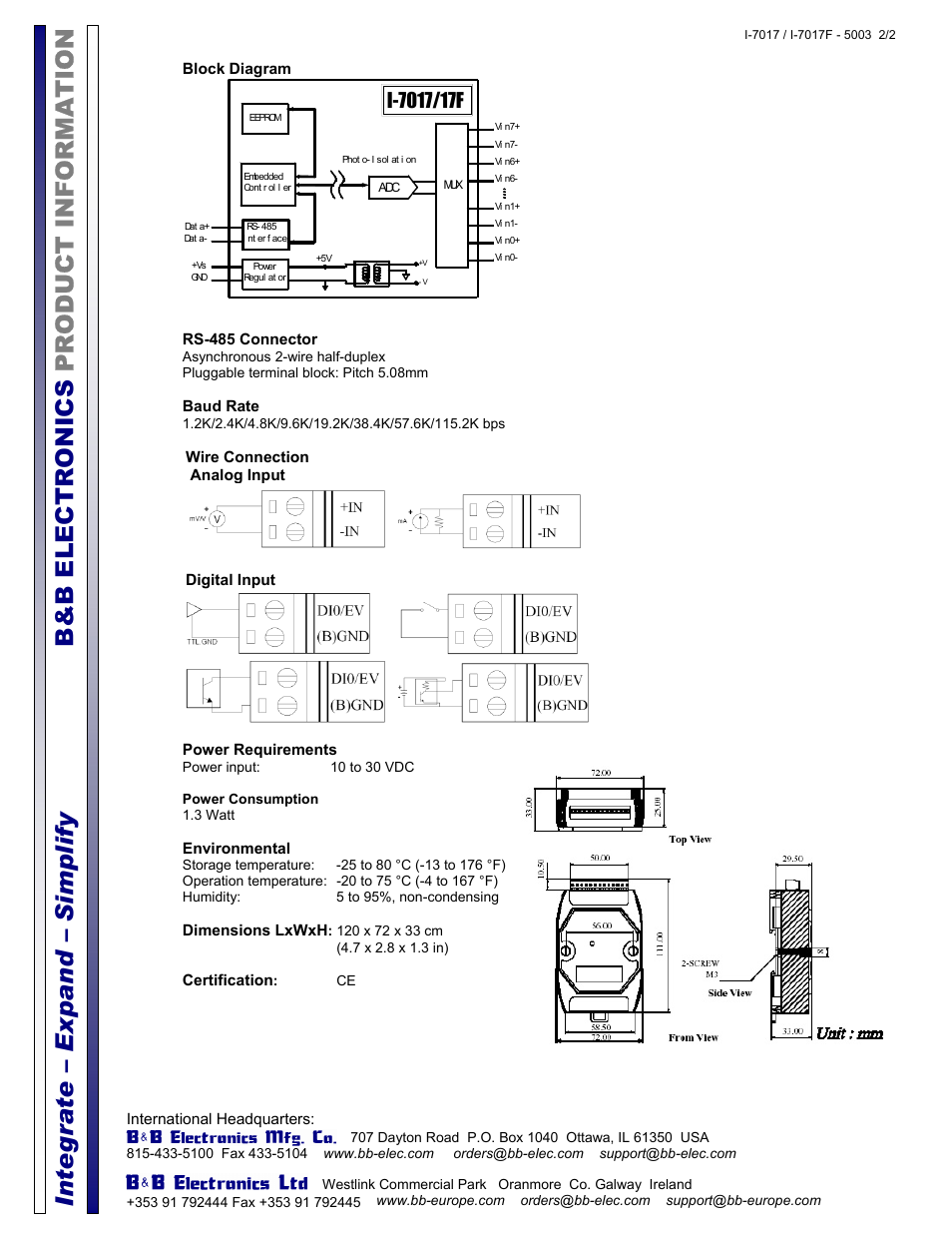 B&B Electronics I-7017 - Datasheet User Manual | Page 2 / 2