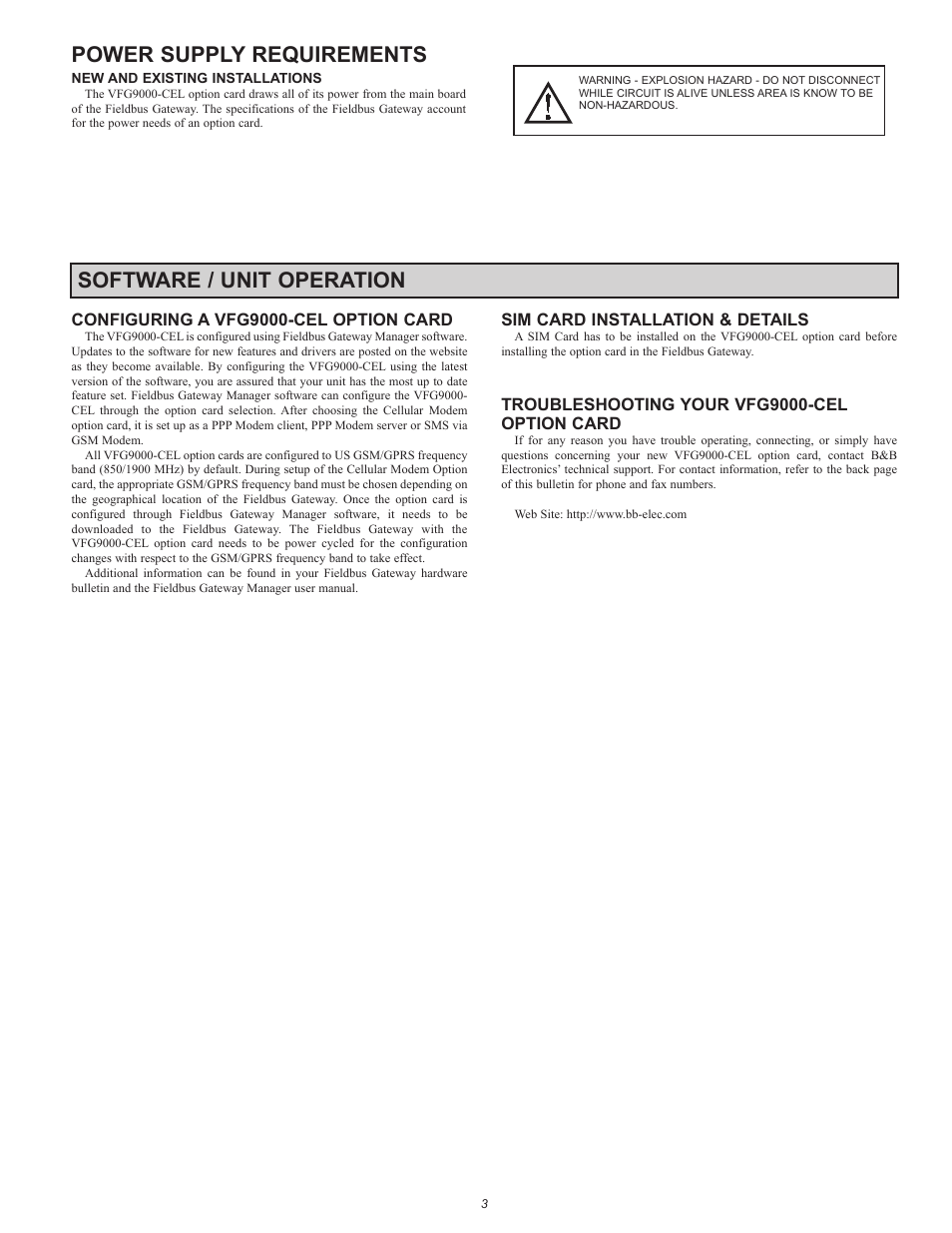 Power supply requirements, Software / unit operation, Configuring a vfg9000-cel option card | Sim card installation & details, Troubleshooting your vfg9000-cel option card | B&B Electronics VFG9000-CEL - Quick Start Guide User Manual | Page 3 / 4