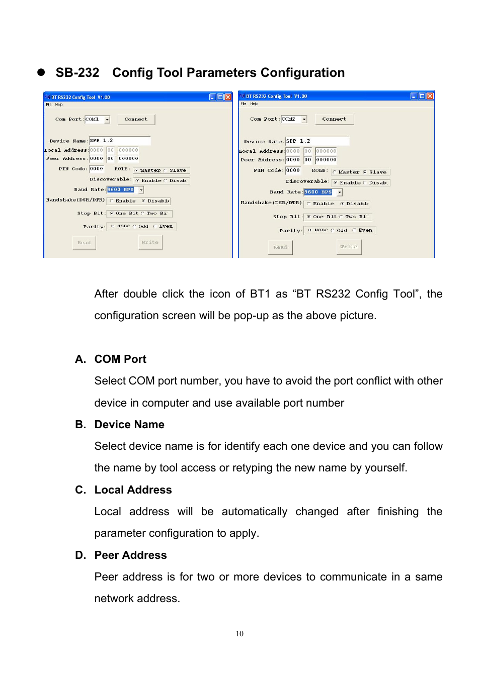 Sb-232 config tool parameters configuration | B&B Electronics SS-BLT-100PR - Manual User Manual | Page 11 / 15