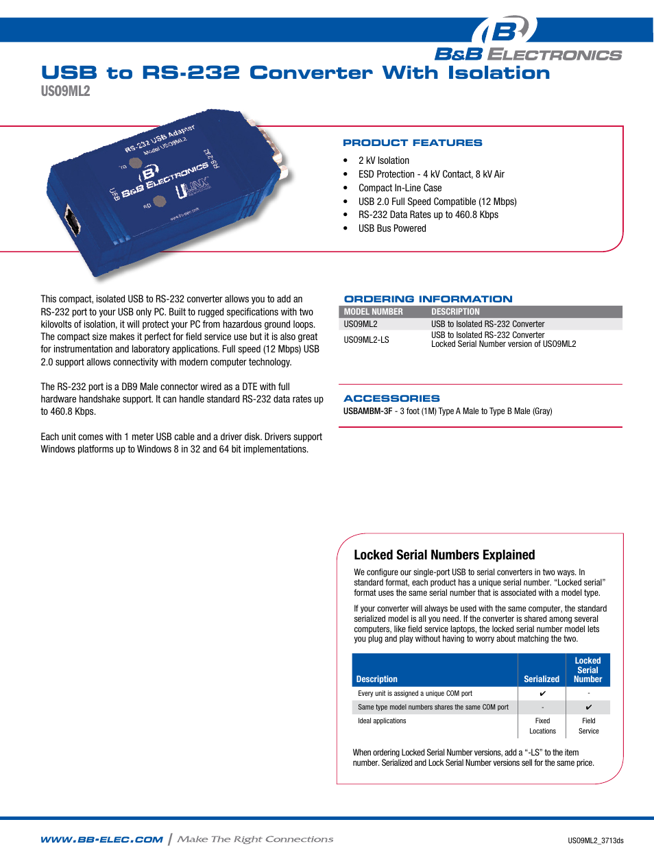 B&B Electronics USO9ML2-LS - Datasheet User Manual | 2 pages