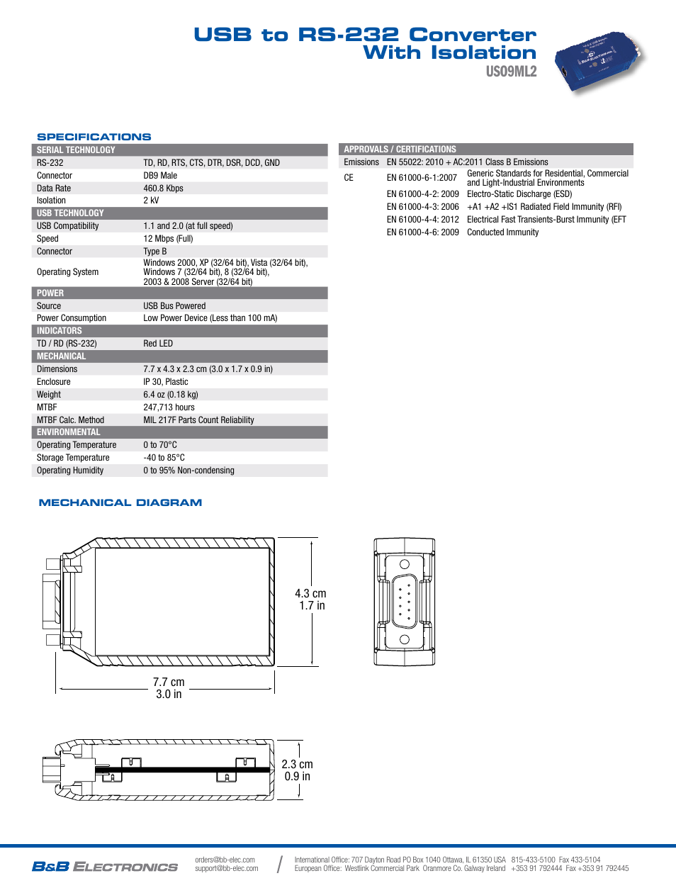 Usb to rs-232 converter with isolation, Uso9ml2 | B&B Electronics USO9ML2-LS - Datasheet User Manual | Page 2 / 2