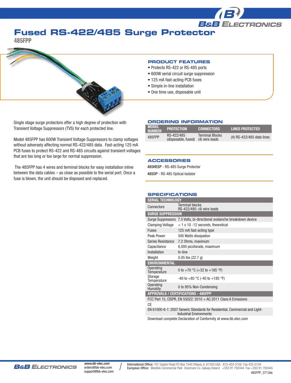 B&B Electronics 485FPP - Datasheet User Manual | 1 page