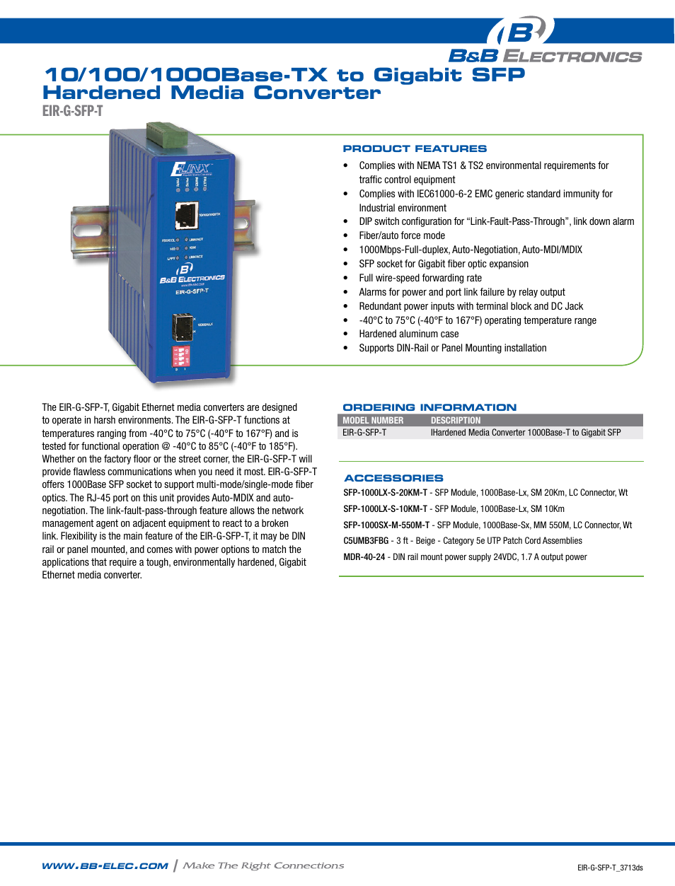 B&B Electronics EIR-G-SFP-T - Datasheet User Manual | 2 pages
