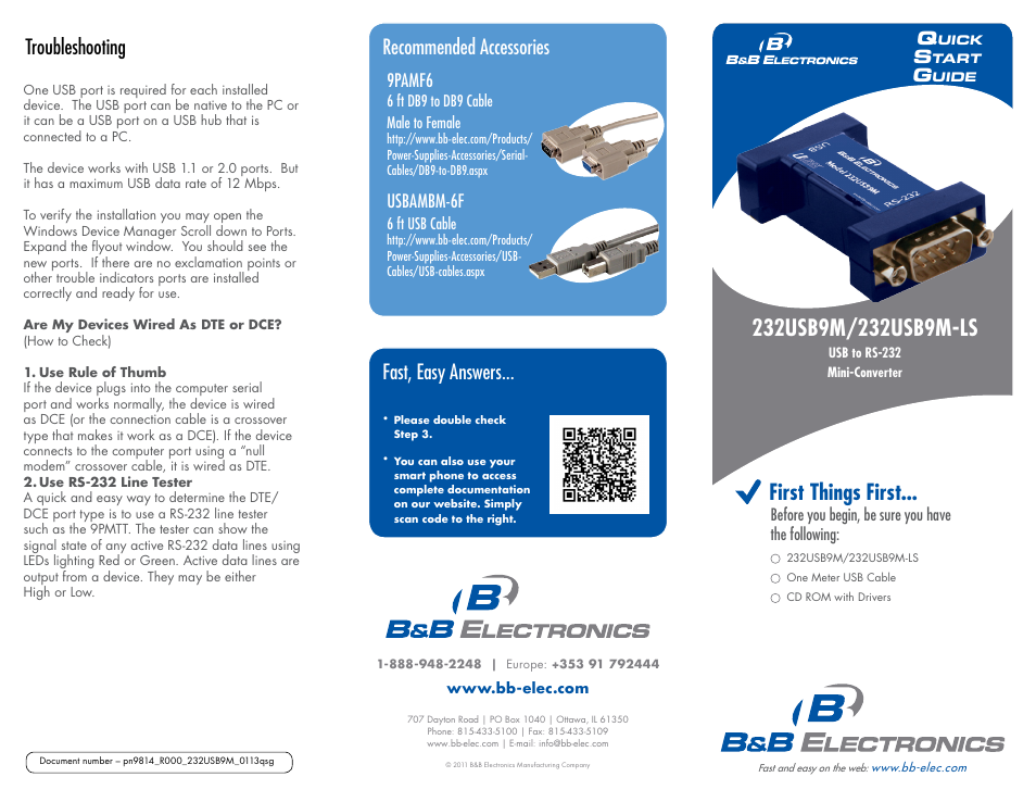 First things first, Troubleshooting fast, easy answers, Recommended accessories | Usbambm-6f, 9pamf6 | B&B Electronics 232USB9M-LS - Quick Start Guide User Manual | Page 2 / 2