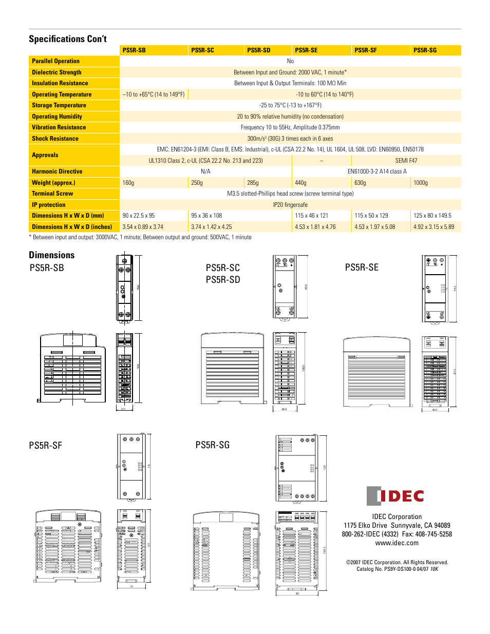 Specifications con’t, Dimensions, Ps5r-sb | Ps5r-sc ps5r-sd, Ps5r-se, Ps5r-sf, Ps5r-sg | B&B Electronics PS5R-S Series - Datasheet User Manual | Page 2 / 2