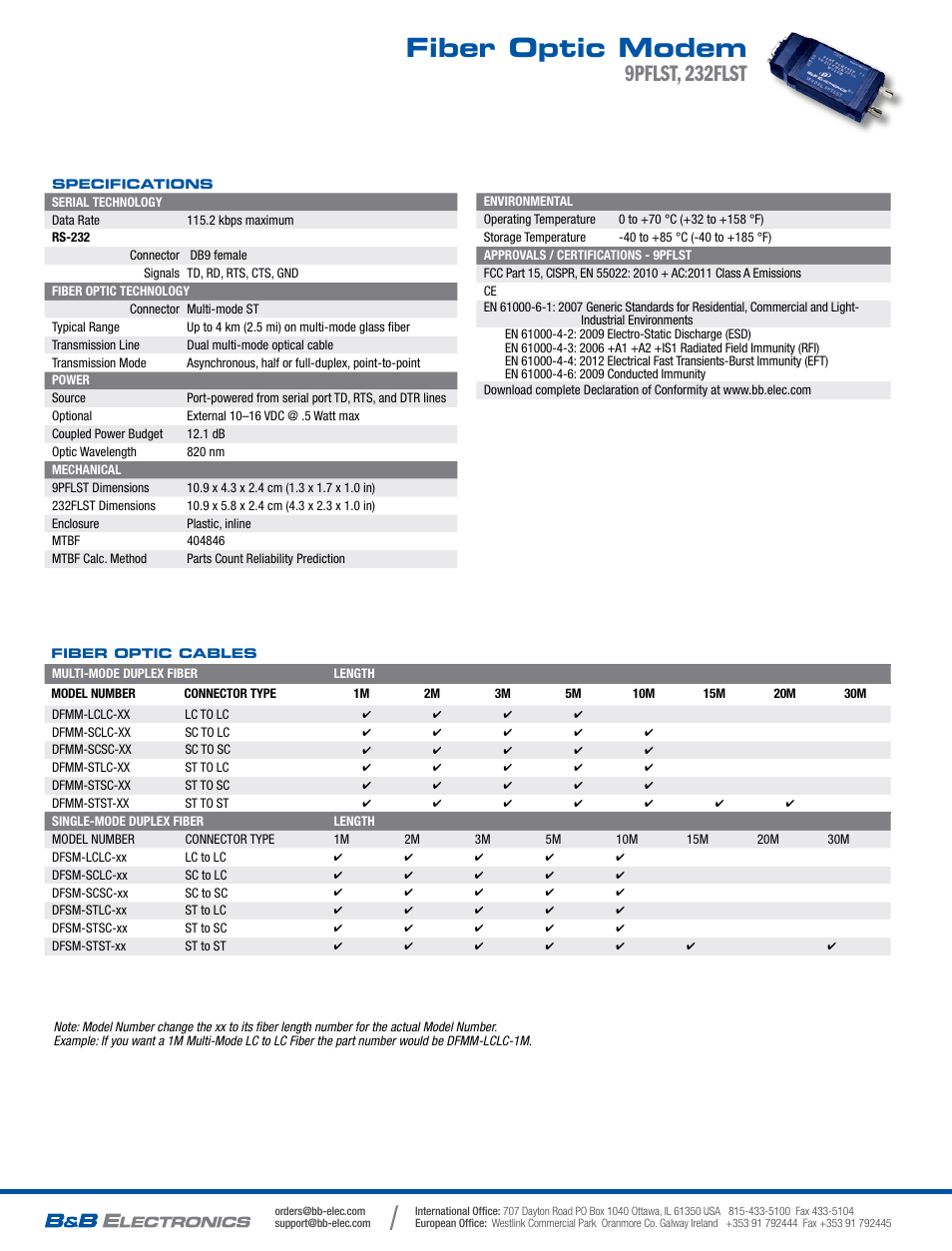 Fiber optic modem, 9pflst, 232flst | B&B Electronics 9PFLST - Datasheet User Manual | Page 2 / 2