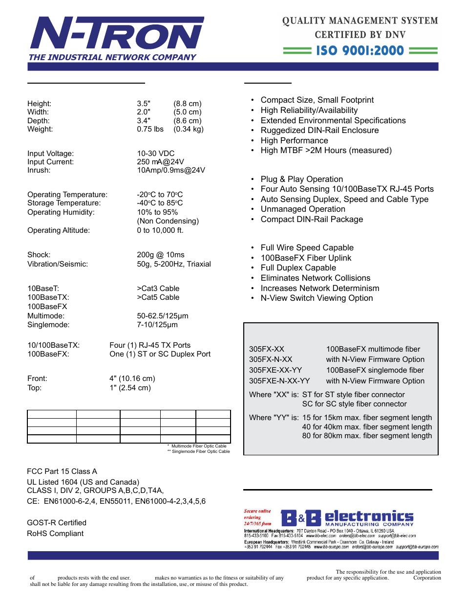 Benefits industrial network switch, Ease of use, Increased performance | Ordering information, 305fx-n specifications case dimensions, Electrical, Environmental, Shock and vibration (bulkhead mounting), Network media, Connectors | B&B Electronics 305FX-ST - Datasheet User Manual | Page 2 / 3