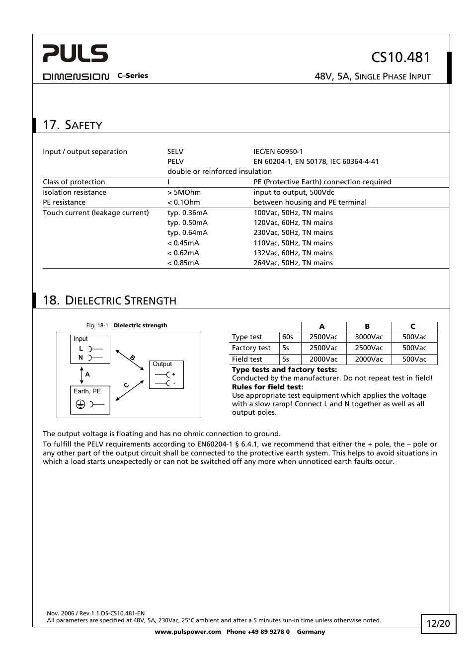 Afety, Ielectric, Trength | 48v, 5a, s | B&B Electronics NTPS-48-5 - Datasheet User Manual | Page 12 / 20