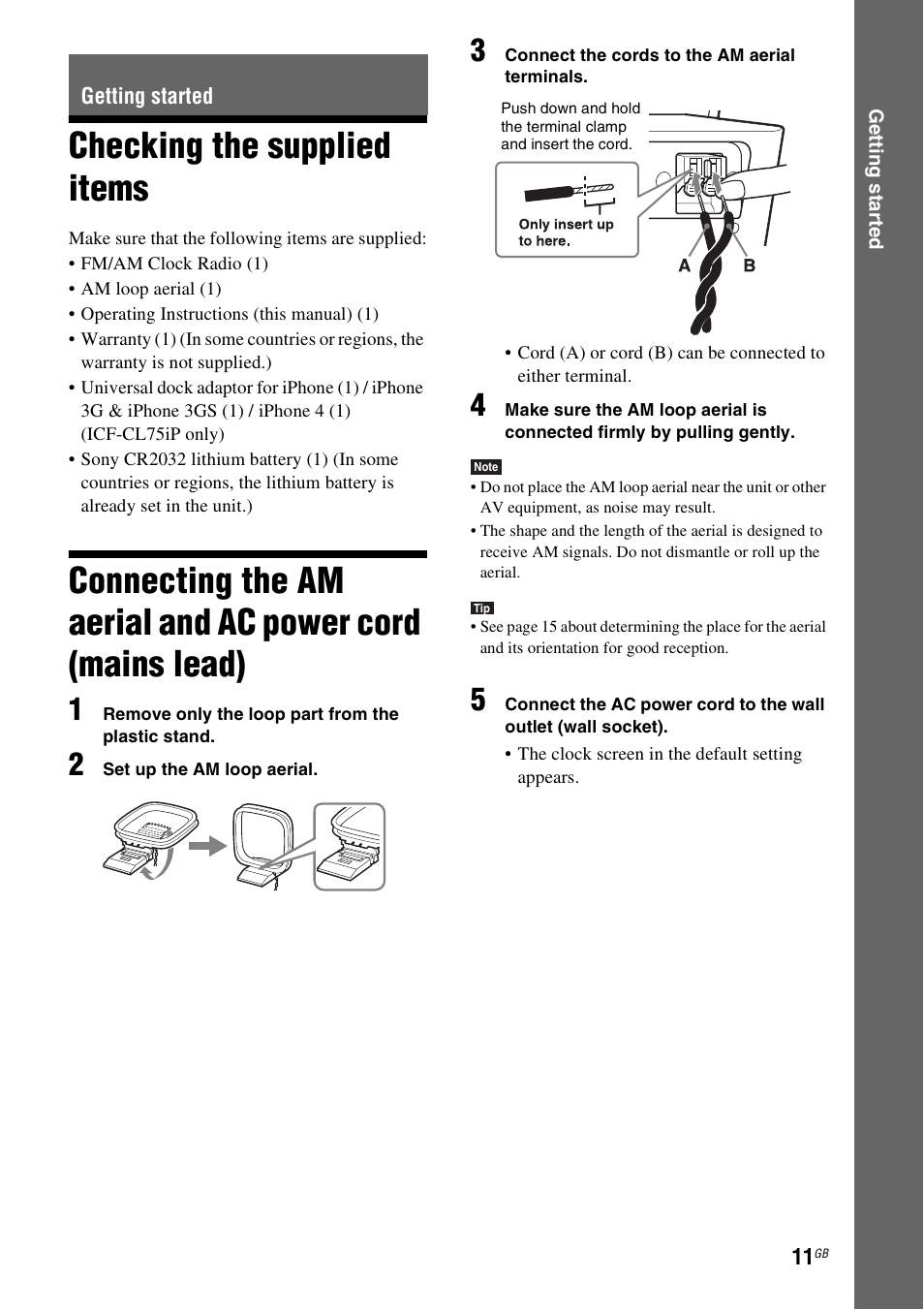 Getting started, Checking the supplied items, Ac power cord (mains lead) | Sony ICF-CL75IP User Manual | Page 11 / 32