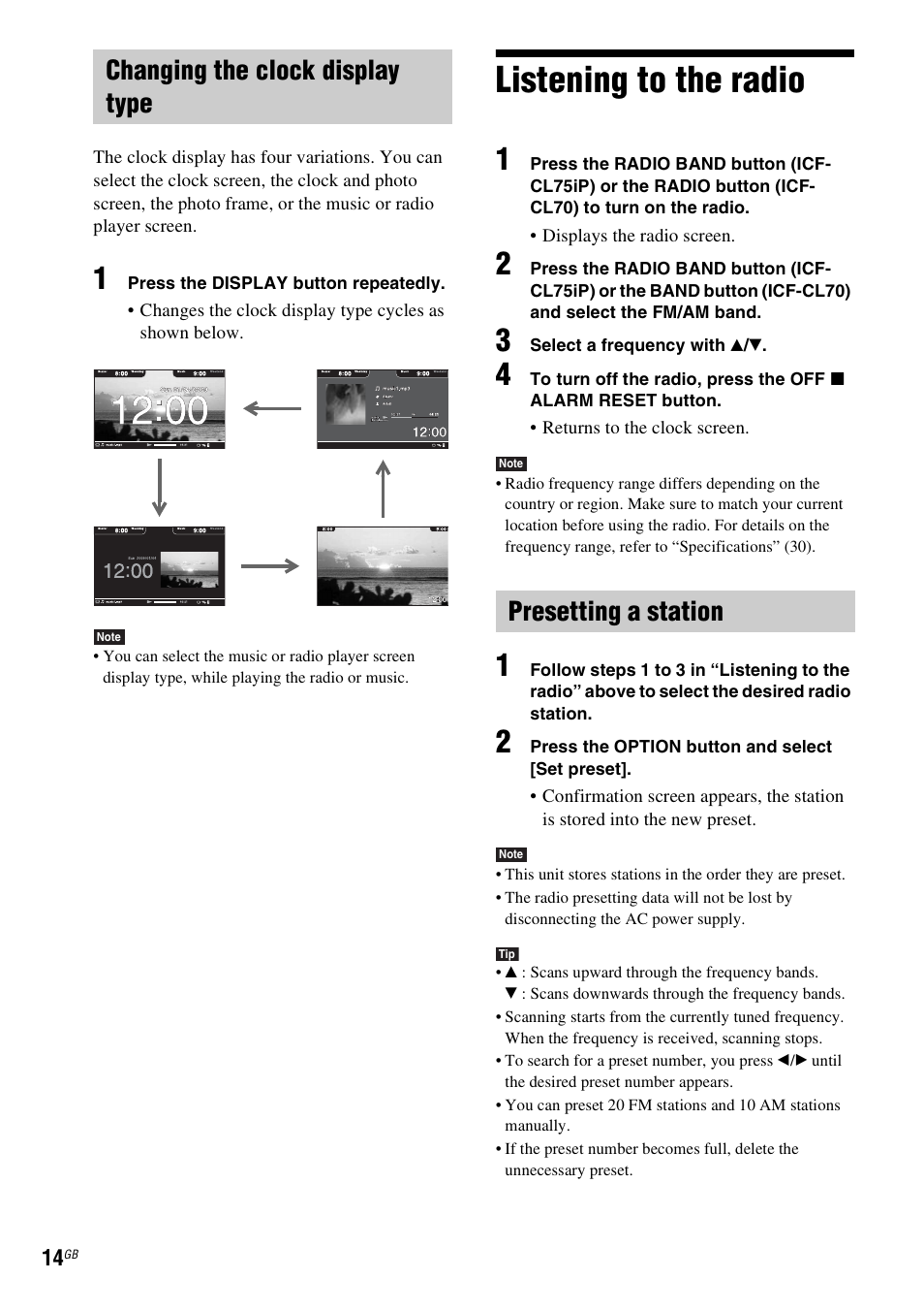 Changing the clock display type, Listening to the radio, Presetting a station | Sony ICF-CL75IP User Manual | Page 14 / 32