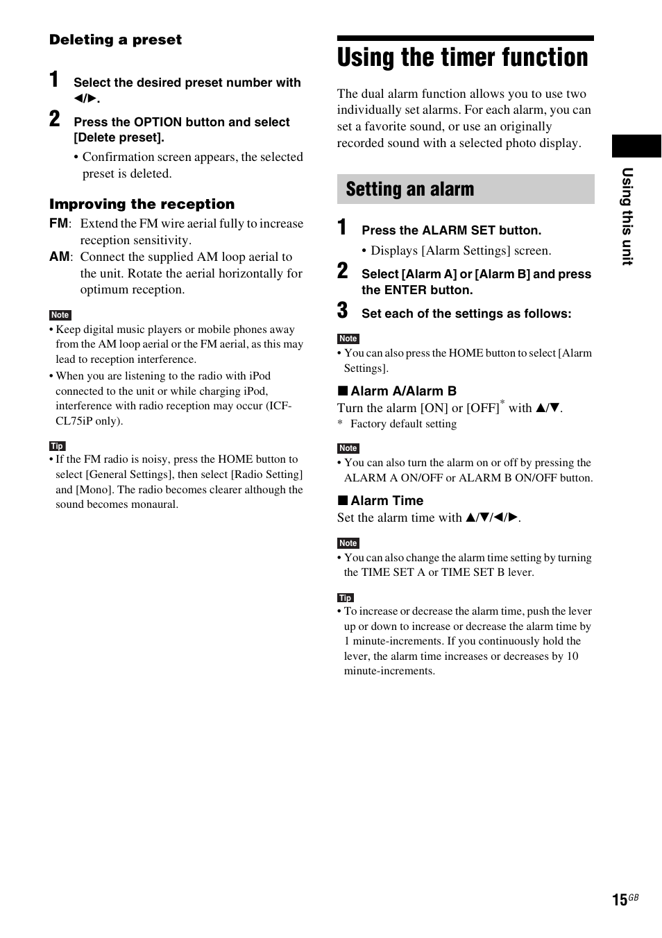 Using the timer function, Setting an alarm, Alarm/sleep timer function (15) | Tton (15), L (15), Ever (15) | Sony ICF-CL75IP User Manual | Page 15 / 32