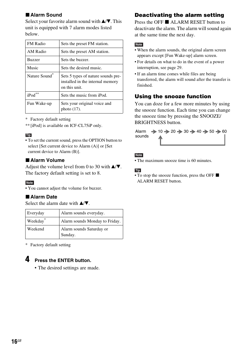 Deactivating the alarm setting, Using the snooze function | Sony ICF-CL75IP User Manual | Page 16 / 32