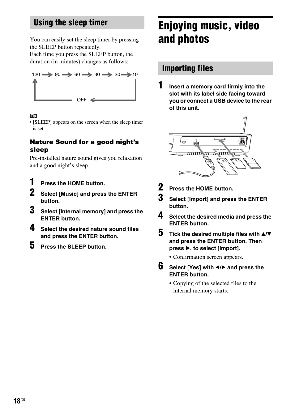 Using the sleep timer, Enjoying music, video and photos, Importing files | Enjoying music, video and, Photos, Back function (18, 19), T) (18 | Sony ICF-CL75IP User Manual | Page 18 / 32