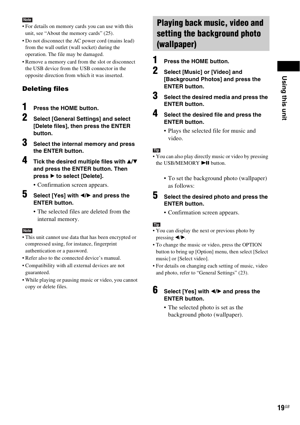 Playing back music, video and setting the, Background photo (wallpaper), Background photos (19) | Sony ICF-CL75IP User Manual | Page 19 / 32