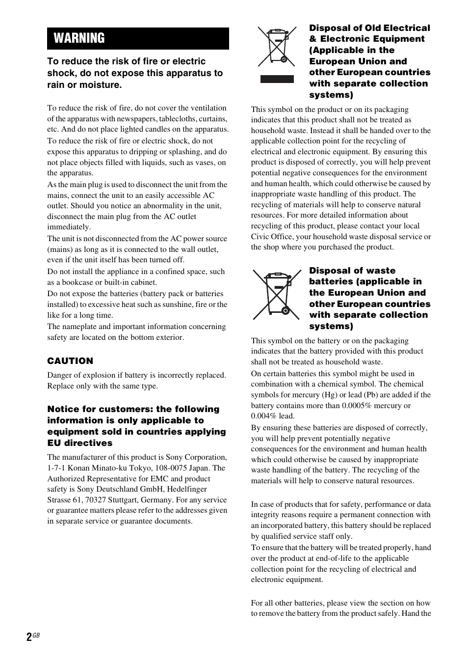 Warning | Sony ICF-CL75IP User Manual | Page 2 / 32