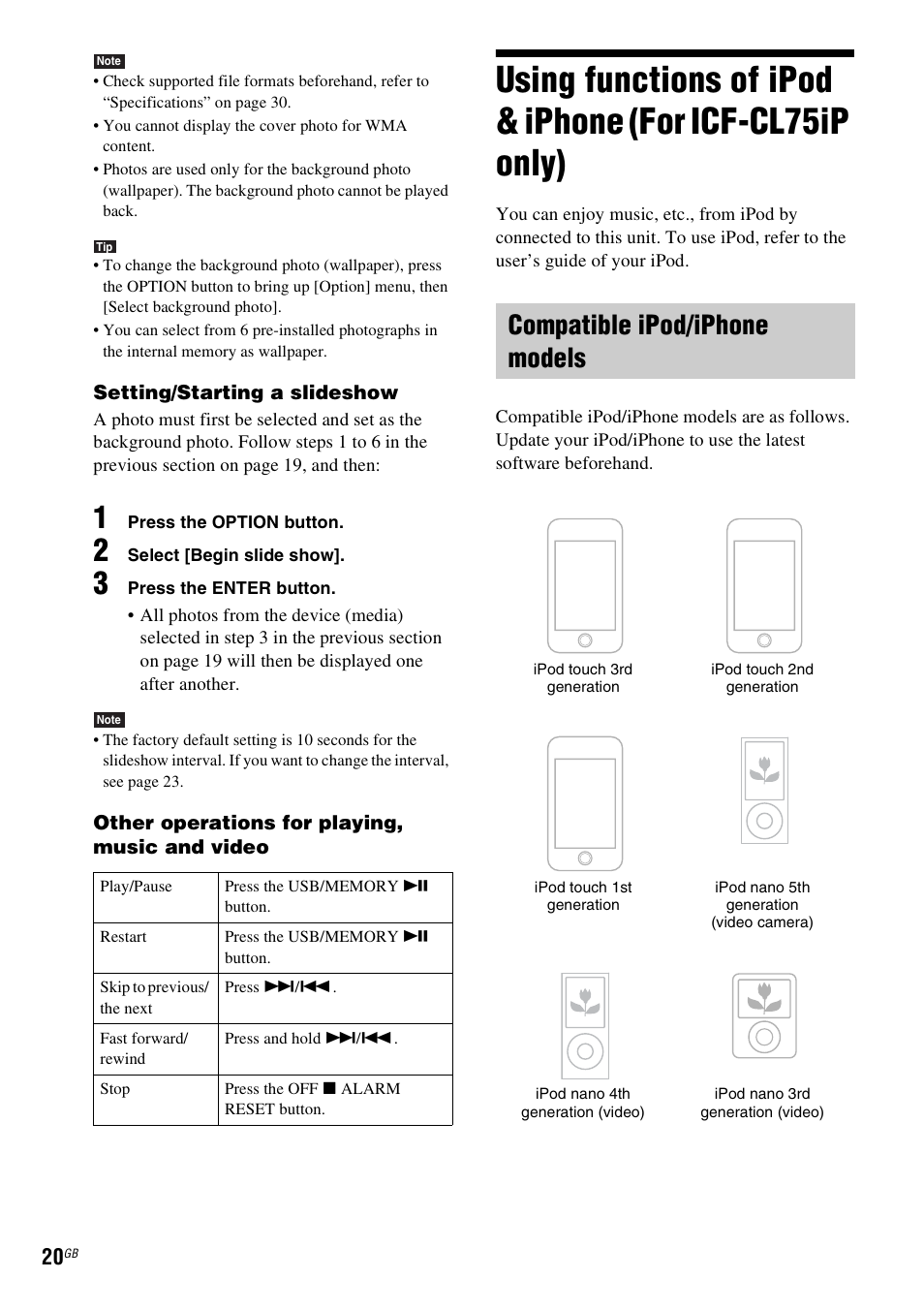 Compatible ipod/iphone models, Using functions of ipod & iphone, For icf-cl75ip only) | Cf-cl75ip only) (20), Cf-cl70) (20) | Sony ICF-CL75IP User Manual | Page 20 / 32