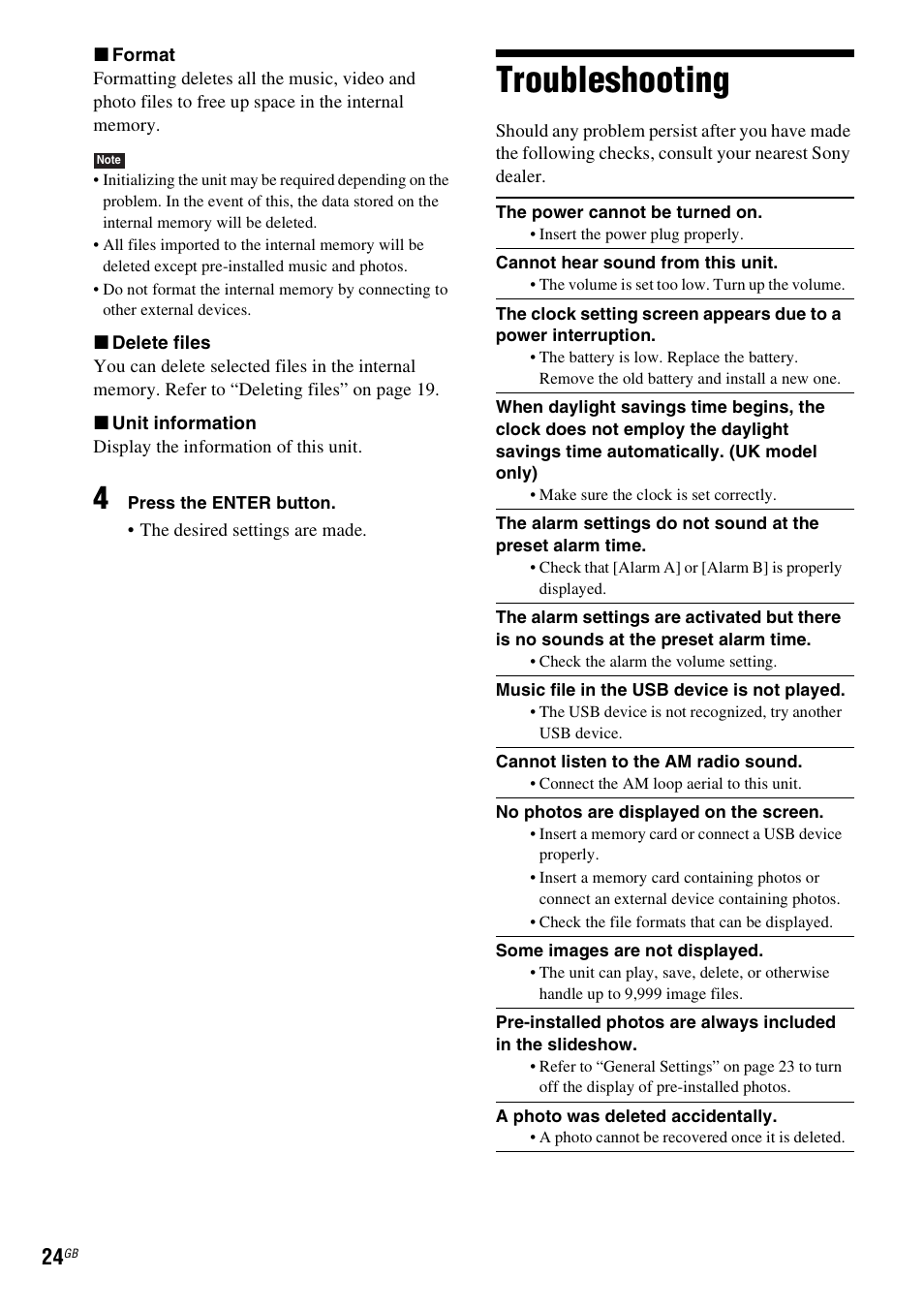 Troubleshooting | Sony ICF-CL75IP User Manual | Page 24 / 32