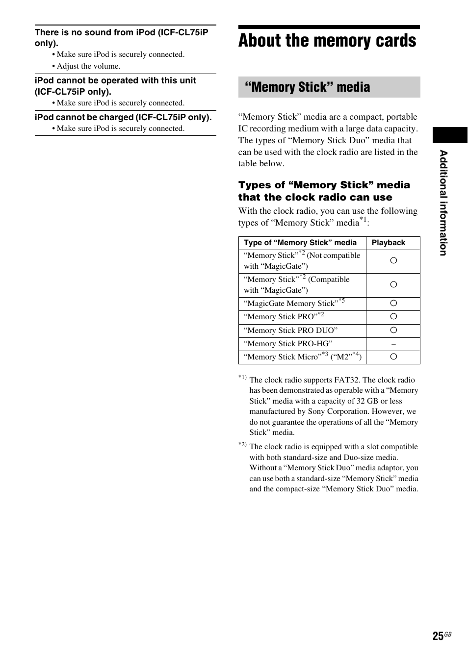 About the memory cards, Memory stick” media | Sony ICF-CL75IP User Manual | Page 25 / 32
