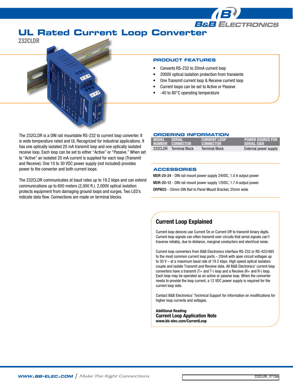 B&B Electronics 232CLDR - Datasheet User Manual | 2 pages
