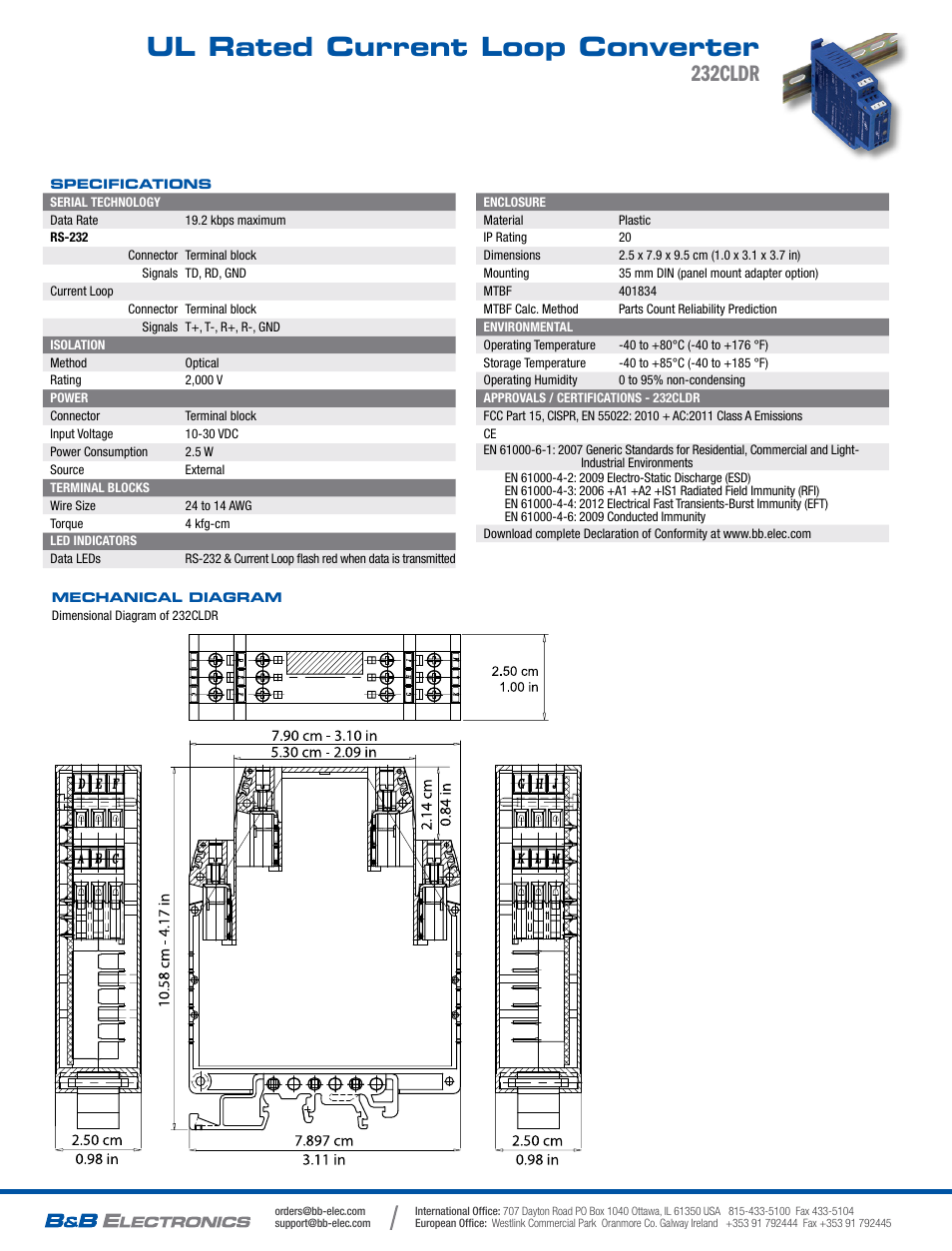 Ul rated current loop converter, 232cldr | B&B Electronics 232CLDR - Datasheet User Manual | Page 2 / 2