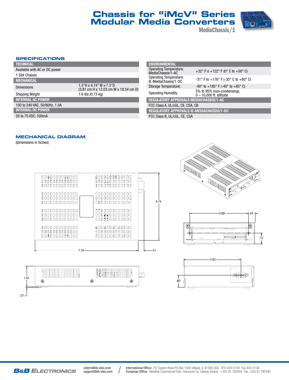 Chassis for “imcv” series modular media converters, Mediachassis/1 | B&B Electronics 850-32105 - Datasheet User Manual | Page 2 / 2