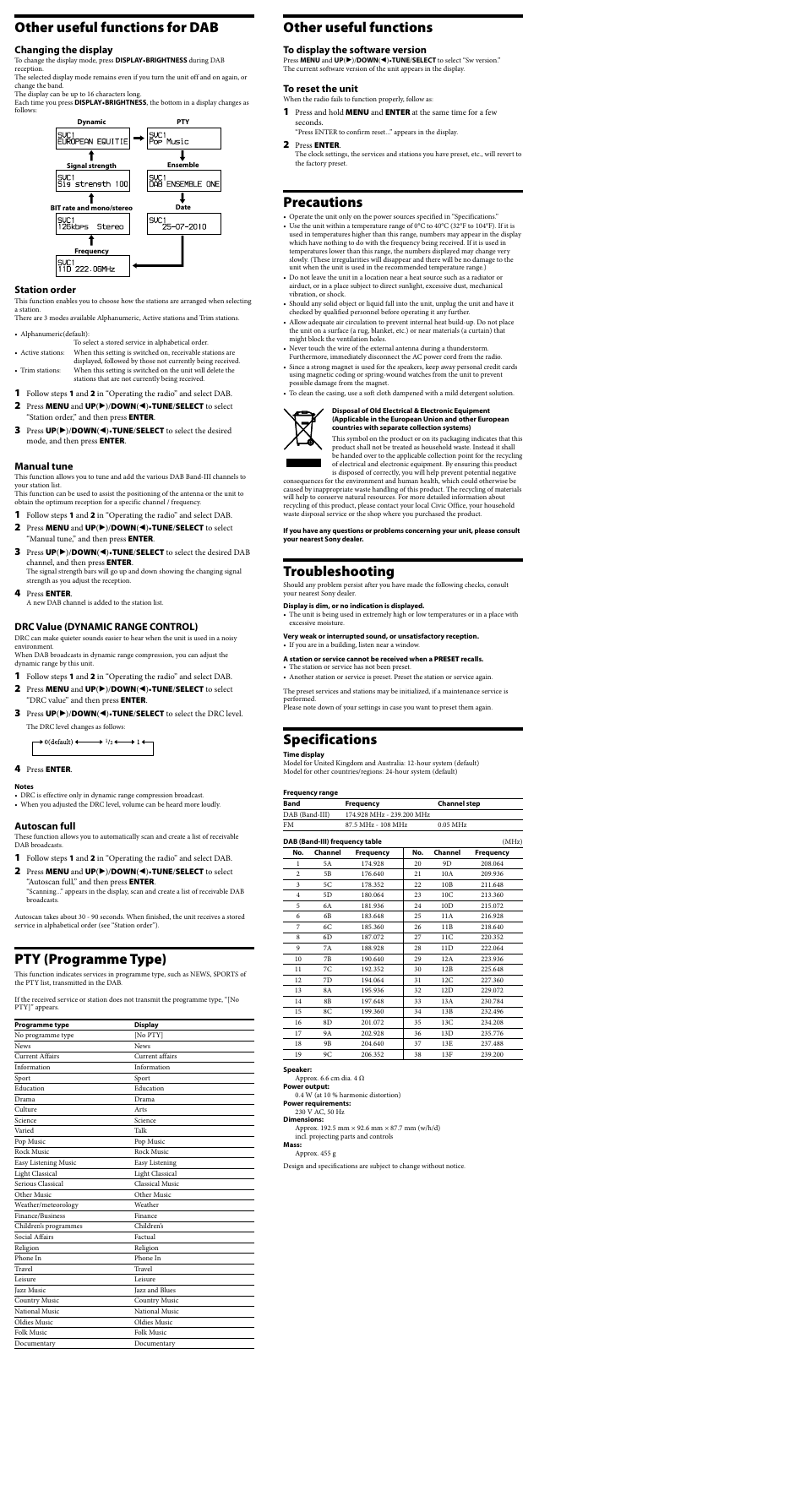 Other useful functions, Precautions, Troubleshooting | Specifications, Other useful functions for dab, Pty (programme type), Changing the display, Station order, Manual tune, Drc value (dynamic range control) | Sony XDR-C706DBP User Manual | Page 2 / 2