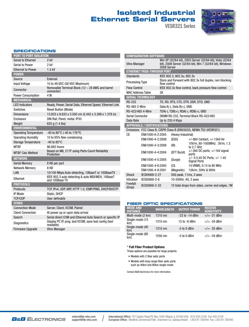 Isolated industrial ethernet serial servers, Vesr321 series | B&B Electronics VESR321_ML_SL - Datasheet User Manual | Page 2 / 2