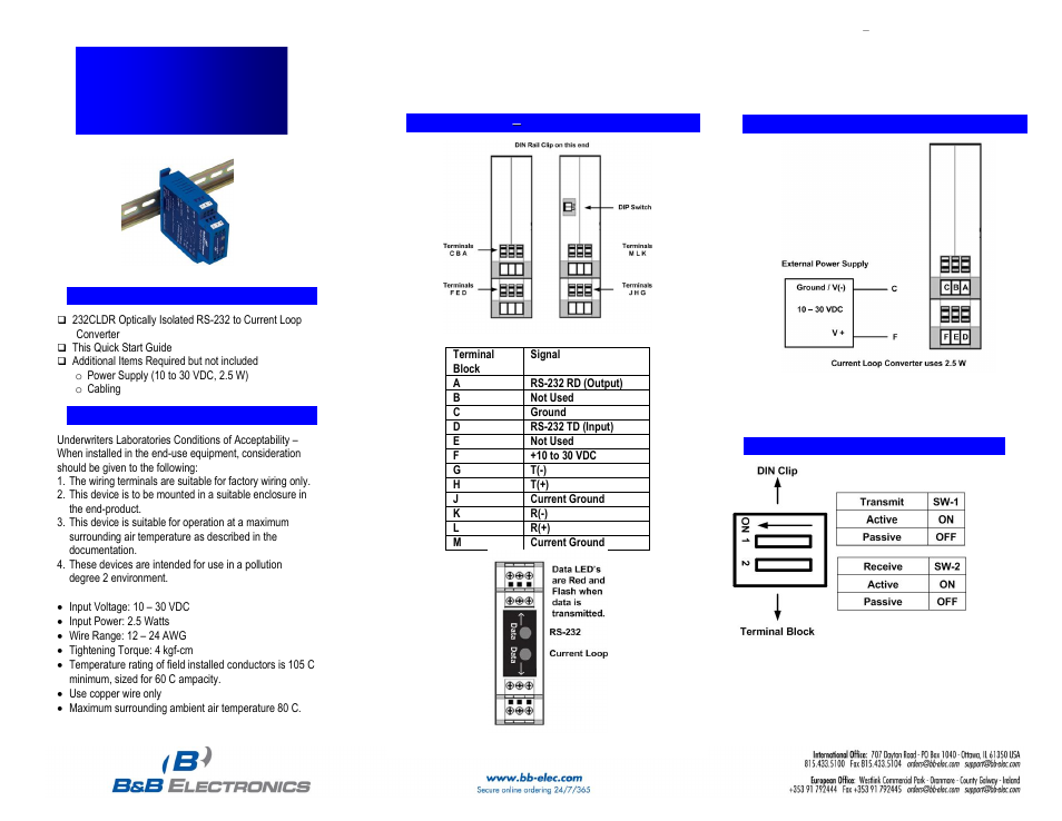 B&B Electronics 232CLDR - Quick Start Guide User Manual | 2 pages