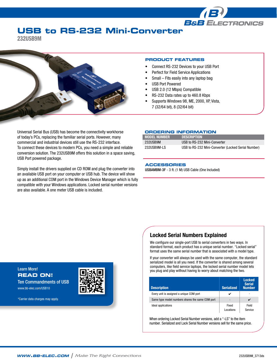 B&B Electronics 232USB9M-LS - Datasheet User Manual | 2 pages