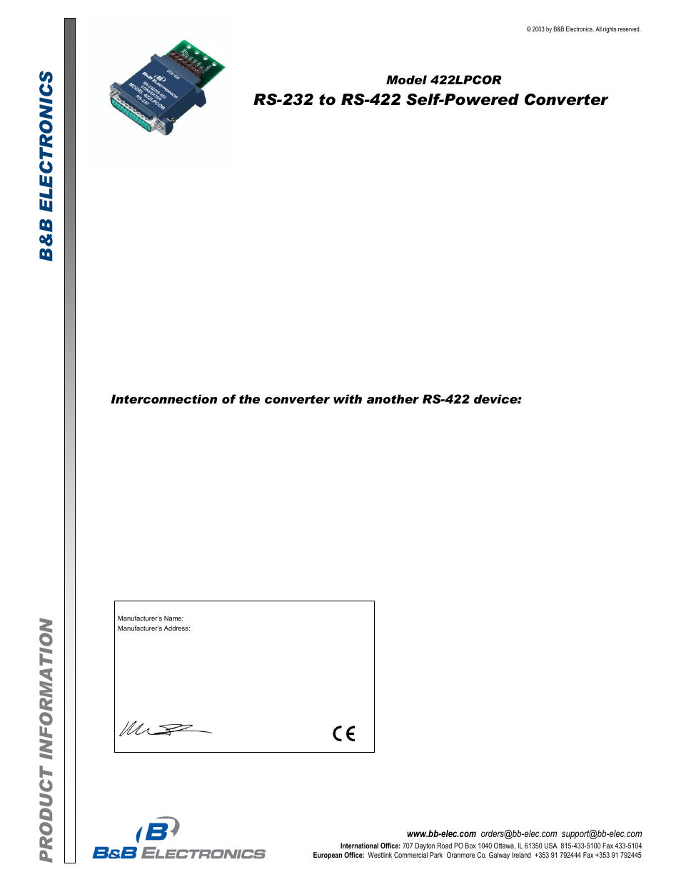 B&B Electronics 422LPCOR - Datasheet User Manual | 2 pages