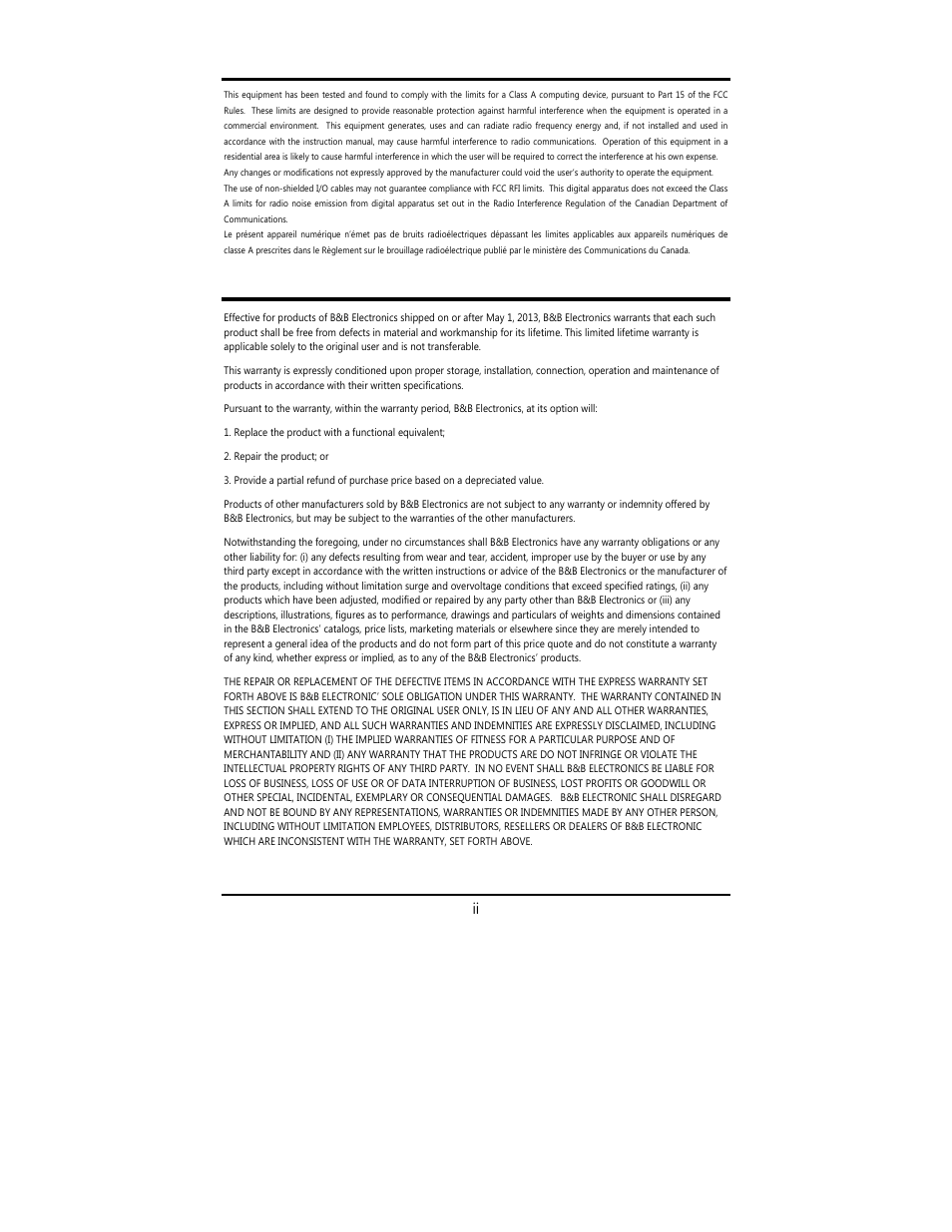 Ii fcc radio frequency interference statement, Limited lifetime warranty | B&B Electronics 850-18100--27 - Manual User Manual | Page 2 / 25