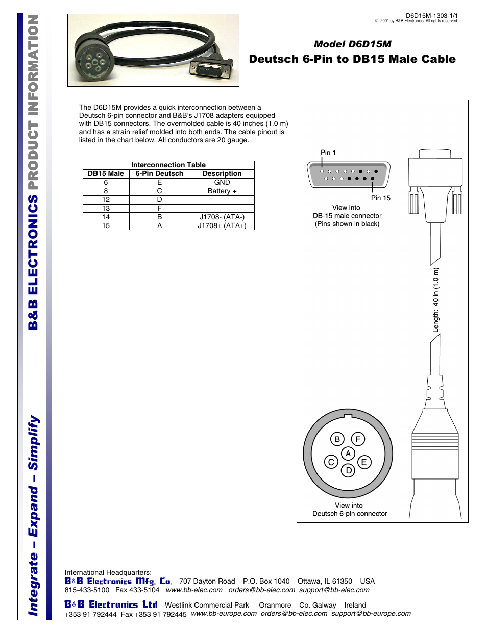 B&B Electronics D6D15M - Datasheet User Manual | 1 page