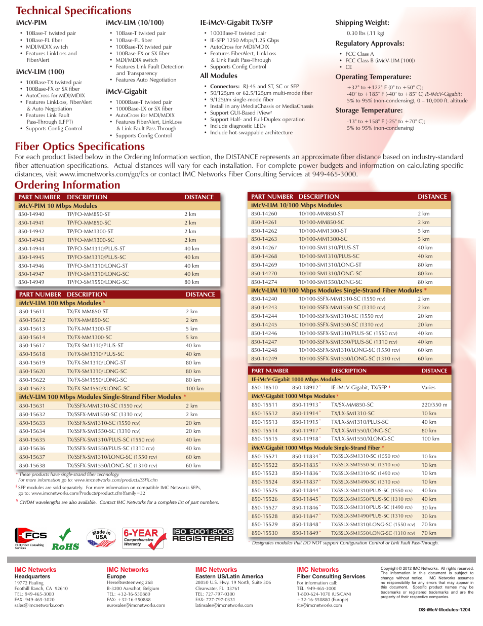Fiber optics specifications, Ordering information technical specifications, Shipping weight | Regulatory approvals, Operating temperature, Storage temperature, Ie-imcv-gigabit tx/sfp, All modules, Imcv-pim, Imcv-lim (100) | B&B Electronics 850-18510 - Datasheet User Manual | Page 2 / 2