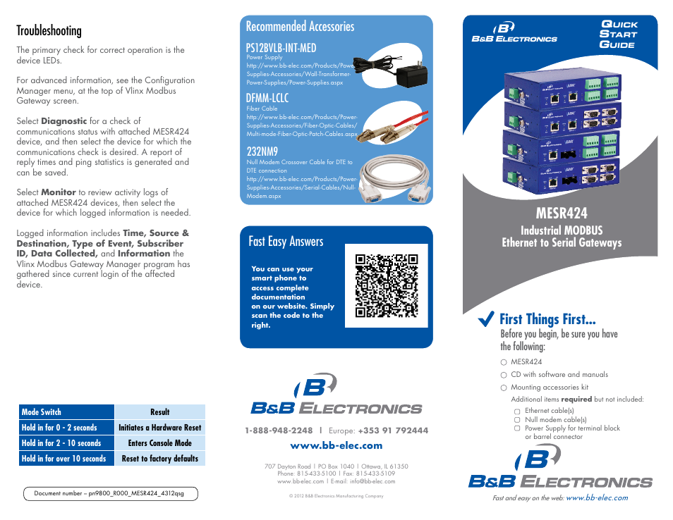 Mesr424, First things first, Troubleshooting fast easy answers | Recommended accessories, Industrial modbus ethernet to serial gateways, Dfmm-lclc ps12bvlb-int-med, 232nm9 | B&B Electronics MESR424T_D-MT_D-SC - Quick Start Guide User Manual | Page 2 / 3