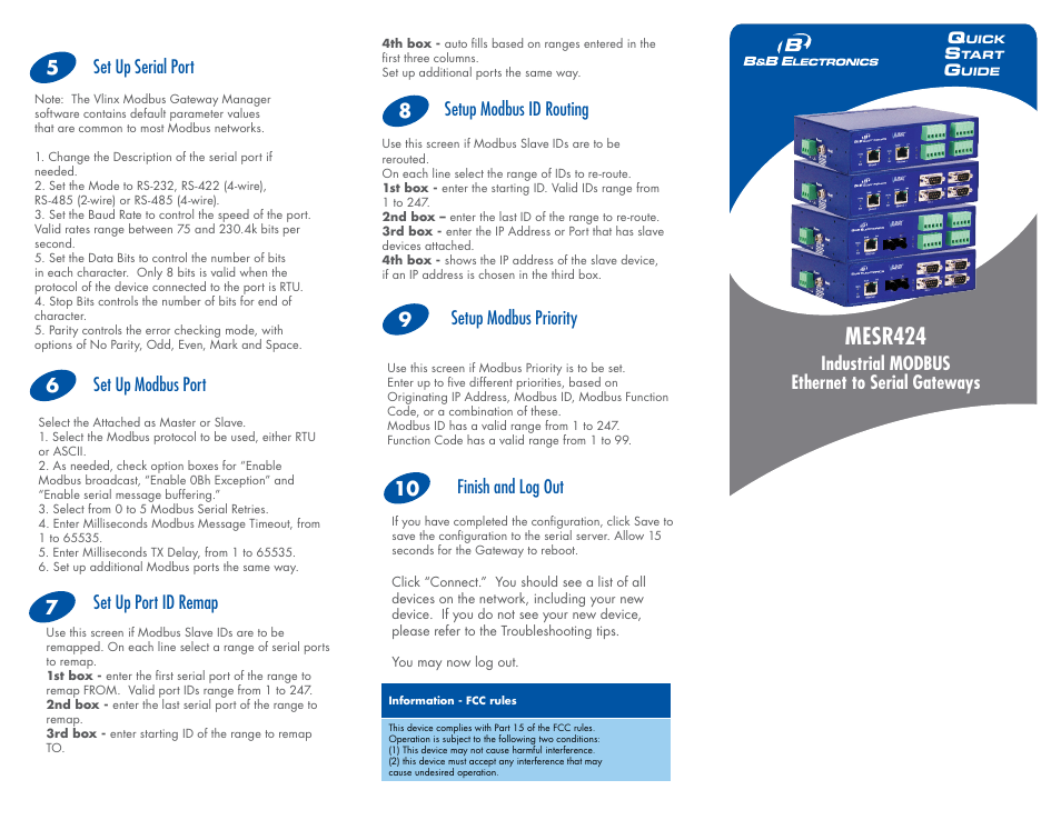 Mesr424, Recommended accessories and power supplies, Industrial modbus ethernet to serial gateways | Set up serial port, Finish and log out, Set up modbus port, Set up port id remap, Setup modbus id routing, Setup modbus priority | B&B Electronics MESR424T_D-MT_D-SC - Quick Start Guide User Manual | Page 3 / 3