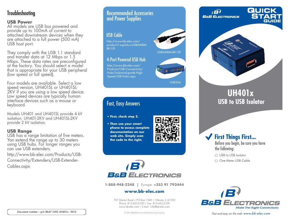 Uh401x, Usb to usb isolator, First things first | Troubleshooting, Recommended accessories and power supplies, Fast, easy answers | B&B Electronics UH401SL_2KV - Quick Start Guide User Manual | Page 2 / 2
