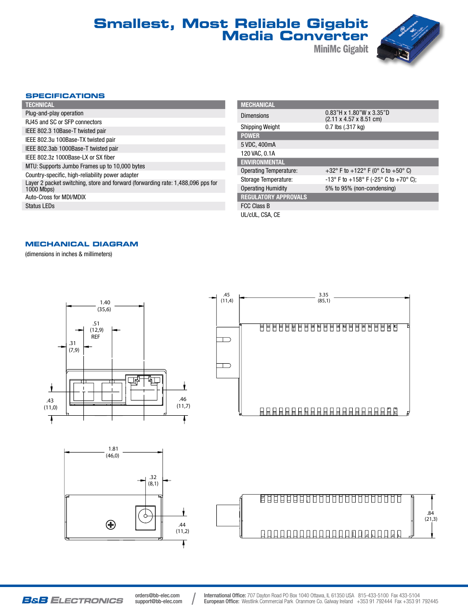 Smallest, most reliable gigabit media converter, Minimc gigabit | B&B Electronics 855-10730--45 - Datasheet User Manual | Page 2 / 2