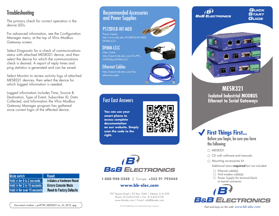 Mesr321, First things first, Troubleshooting fast east answers | Recommended accessories and power supplies, Dfmm-lclc ps12bvlb-int-med, Ethernet cables | B&B Electronics MESR321_SL_ML - Quick Start Guide User Manual | Page 2 / 3