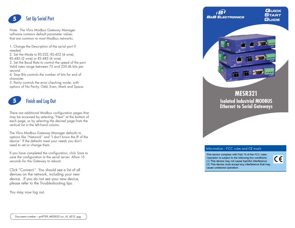 Mesr321, Recommended accessories and power supplies, Set up serial port | Finish and log out | B&B Electronics MESR321_SL_ML - Quick Start Guide User Manual | Page 3 / 3