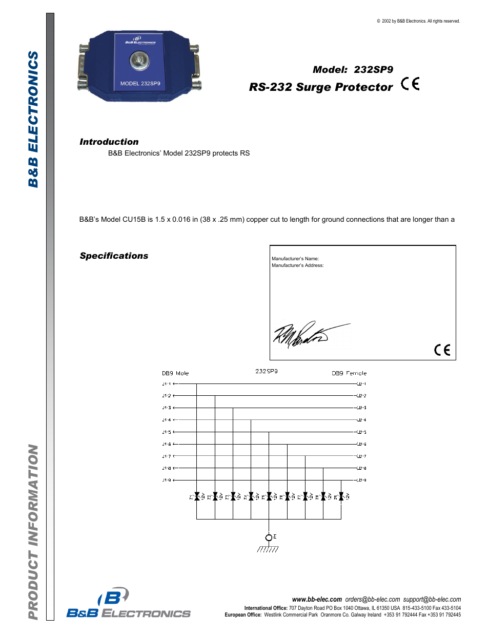B&B Electronics 232SP9 - Datasheet User Manual | 1 page